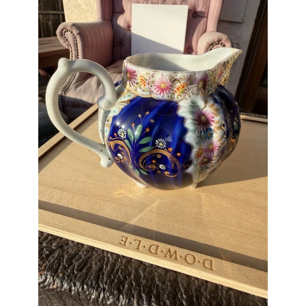 19Th Century Cobalt, Blue Porcelain Creamer With Floral Enamel And Gold
